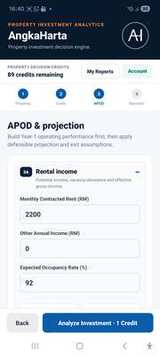 AngkaHarta app screen showing rental income, occupancy rate and projection inputs