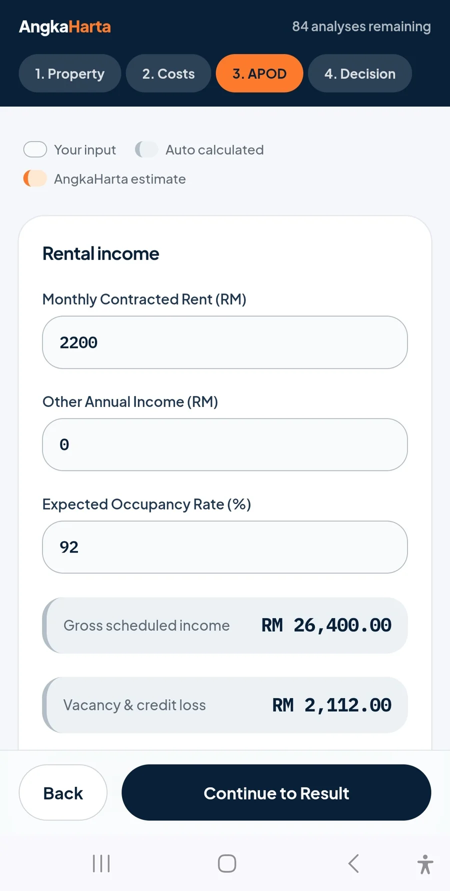 AngkaHarta screen showing rental income, occupancy rate and annual operating data