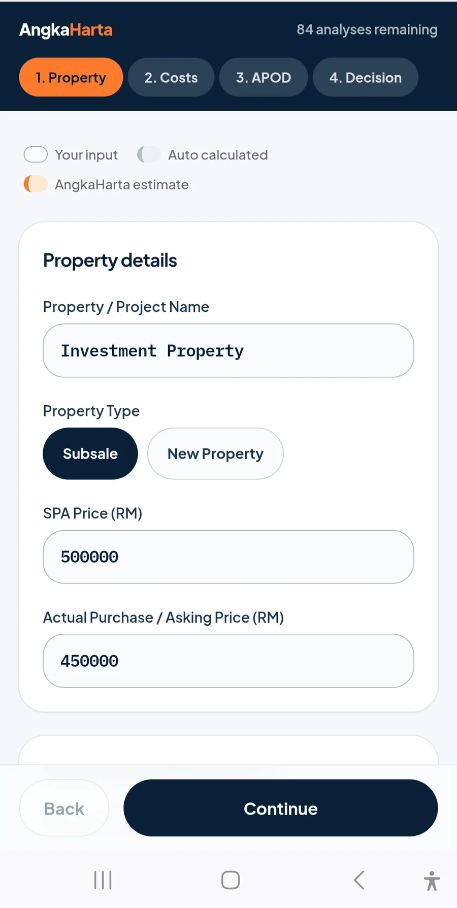 AngkaHarta screen for entering property name, type and purchase assumptions